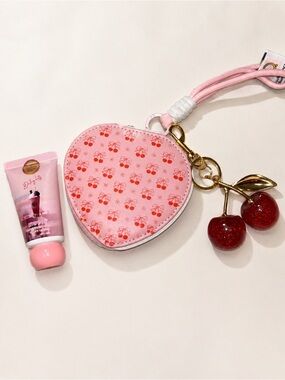 Cherry Compact Mirror Wristlet Keychain Pink Cute Travel Purse Accessory Gift